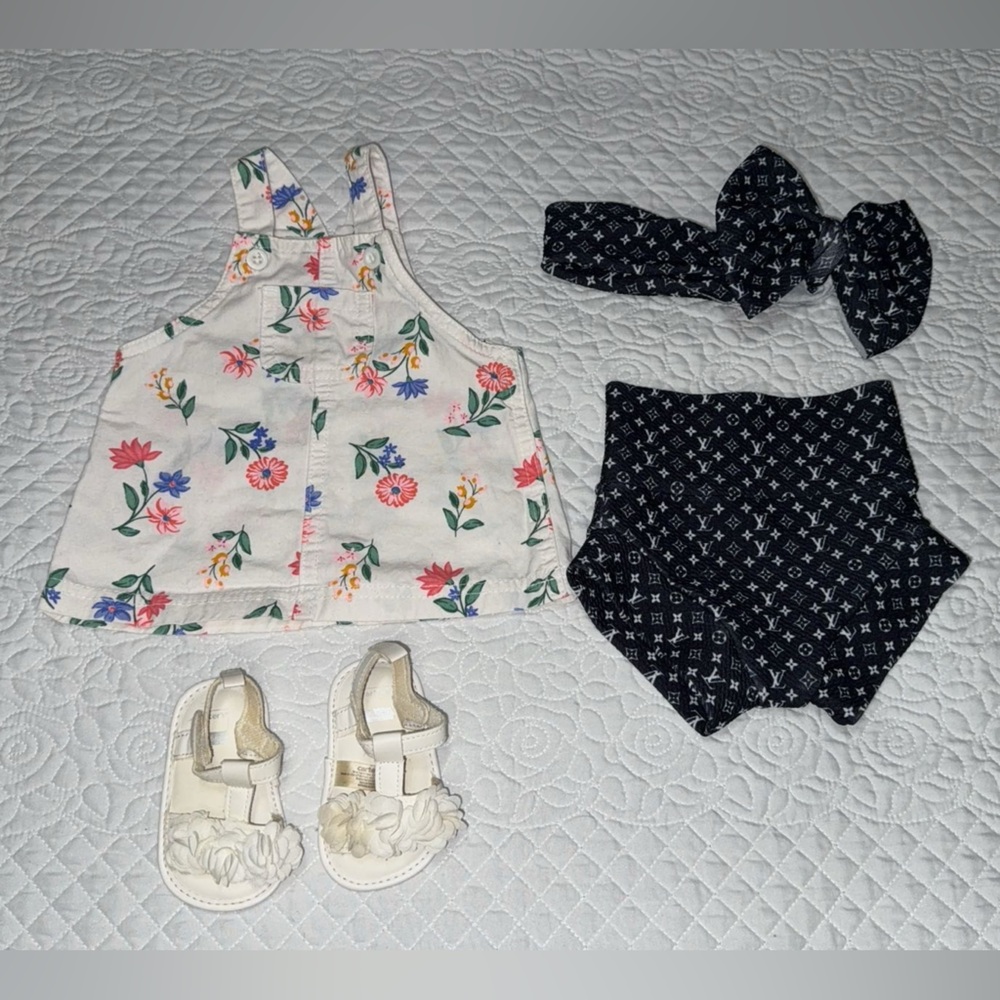 Baby girl summer clothes bundle 0-3 months bummies bow sandals overalls dress LV